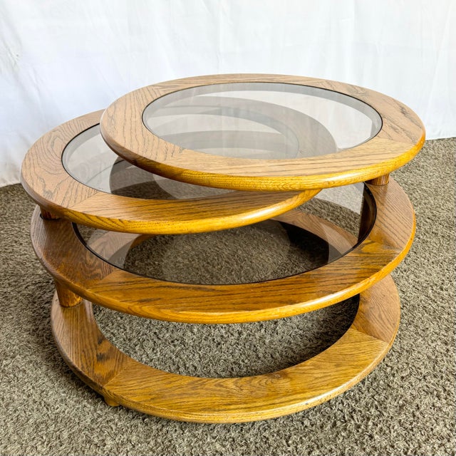 Mid-Century Modern Mid Century Modern Three Tier Oak and Smoked Glass Swivel Coffee Table For Sale - Image 3 of 10