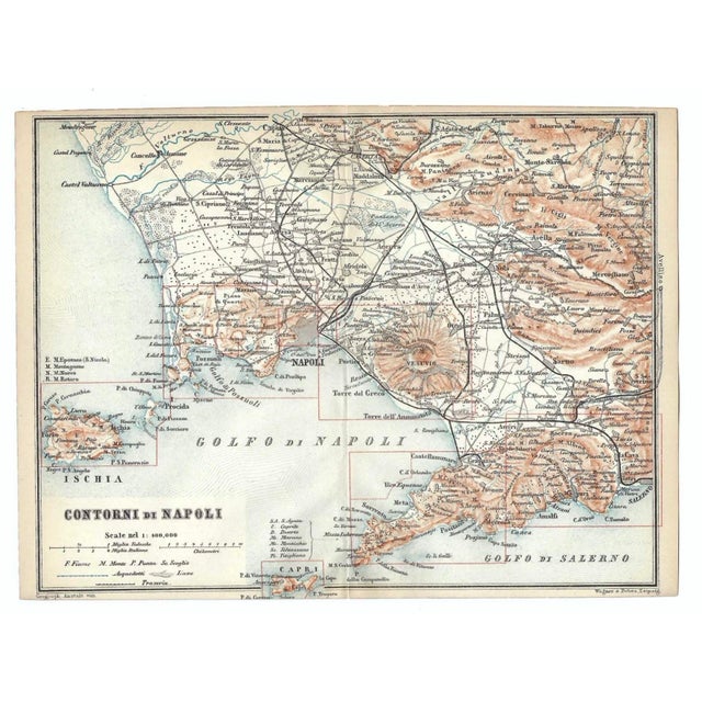 Circa 1900 map of Contorni di Napoli from an Italian travel atlas. Combined shipping available, please inquire. Shipping...