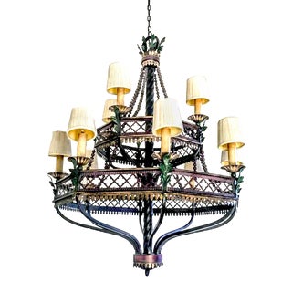 12 Light Empire Style Foliate Tole Metal & Wood Bead Chandelier With Ivory Shades For Sale