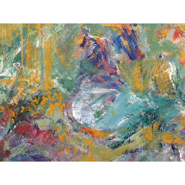 Framed in gold, this original acrylic painting evokes lushness. Blue, greens, purples and ochres will complement any...