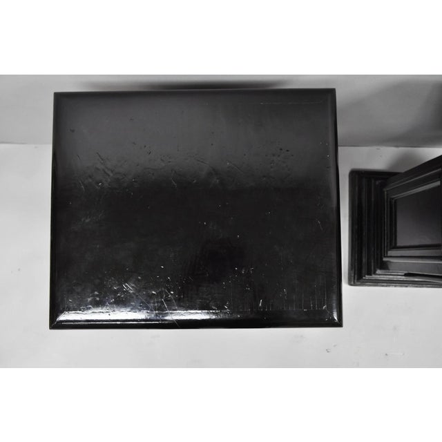 Vintage French Empire Style Black Lacquer Painted Pedestal Column End Table Pair For Sale - Image 14 of 18