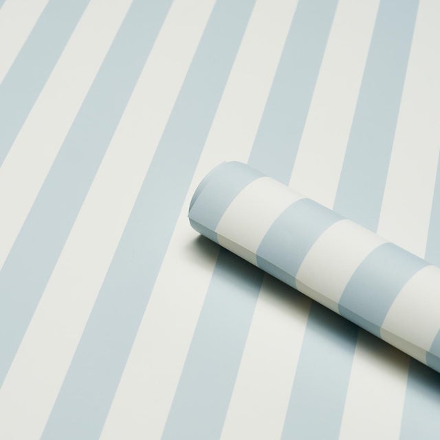 Traditional Schumacher Emma Stripe Wallpaper In Sky For Sale - Image 3 of 4