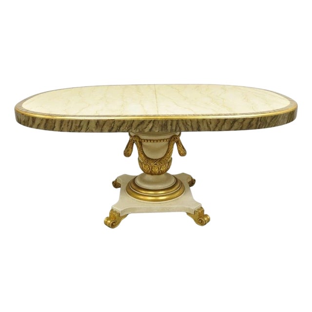 Late 20th Century Italian Regency Cream & Gold Gilt Lacquered Urn Pedestal Dining Table - 3 Leaves For Sale