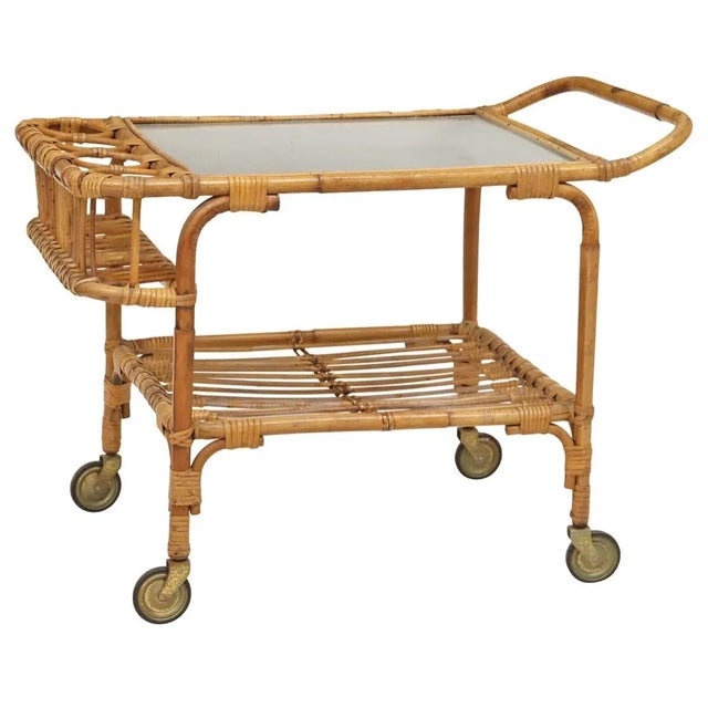 Fabulous Italian mid-century modern bamboo service trolley/ bar cart, c.1950s-1960s in the style of Franco Albini. Inset...