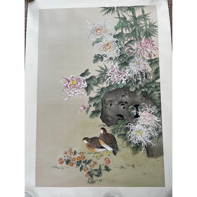 34” x 23” hand-painted silk panel // pair of quail and Chinese chrysanthemums with silk brocade border // vintage artwork // Chinoiserie For Sale