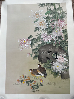 34” x 23” hand-painted silk panel // pair of quail and Chinese chrysanthemums with silk brocade border // vintage artwork // Chinoiserie