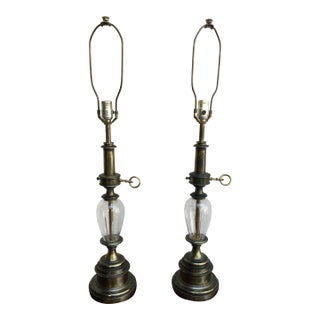 Vintage Leviton Table Lamps Brass and Crystal Oil Lamp Style - a Pair For Sale