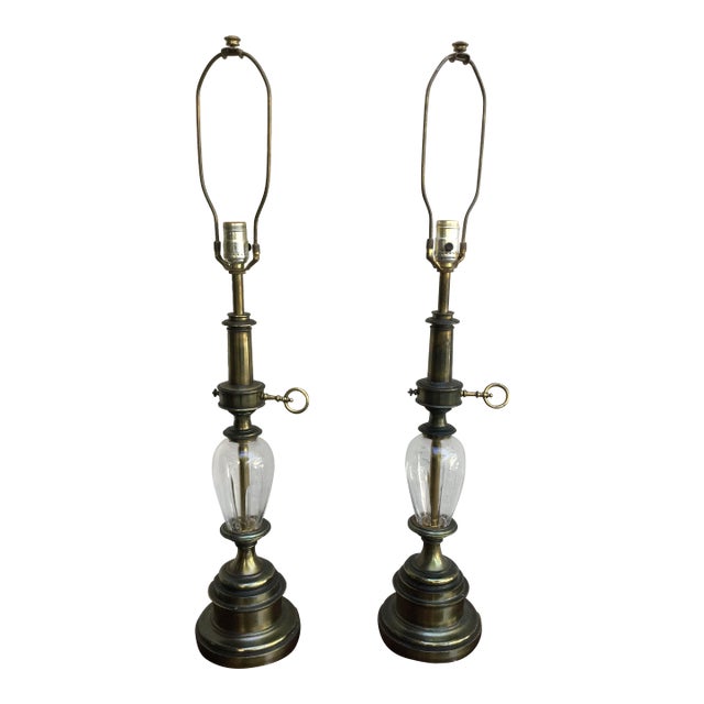 Vintage Leviton Table Lamps Brass and Crystal Oil Lamp Style - a Pair For Sale