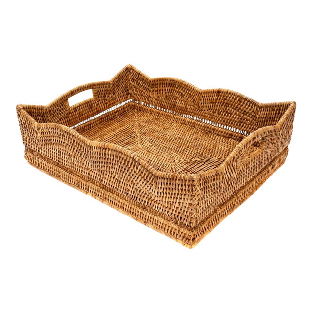 Artifacts Rattan Scallop Collection Rectangular Storage Basket in Honey Brown - 20" For Sale