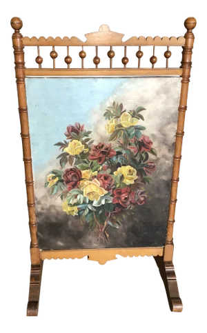 Victorian Circa 1880 Summer Fireplace Screen With Floral Painting and Velvet Screen