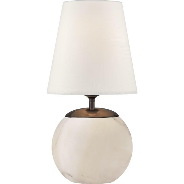 Modern Thomas O'Brien by Visual Comfort Signature Terri Round Accent Lamp in Alabaster with Linen Shade For Sale - Image 3 of 3