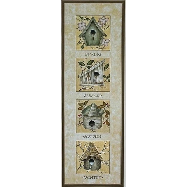 American Vintage Nancy J Shumaker Pallan Bird Beginnings Seasonal Framed Prints Pair For Sale - Image 3 of 11