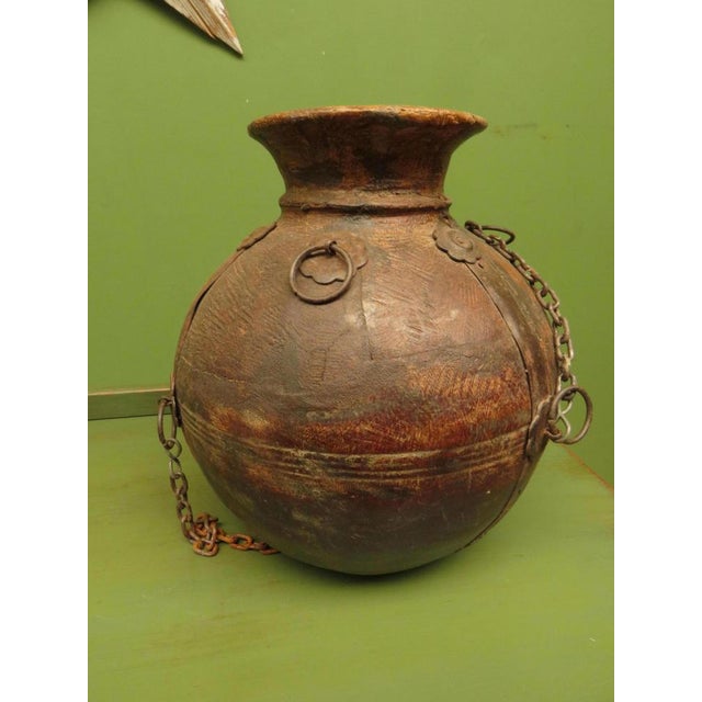 Brown Antique Wooden Indian Water or Milk Pot with Chains For Sale - Image 8 of 12