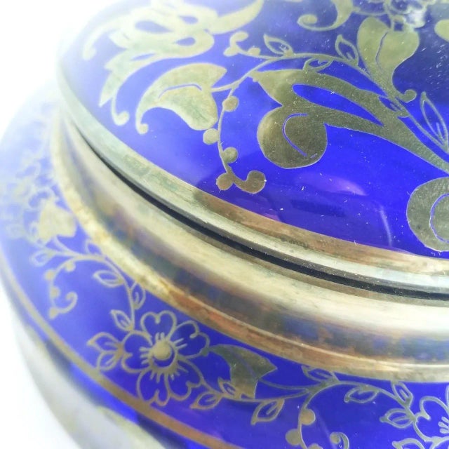 1920s Blue Glass and Silver Floral Overlay Bowl With Lid For Sale - Image 4 of 7