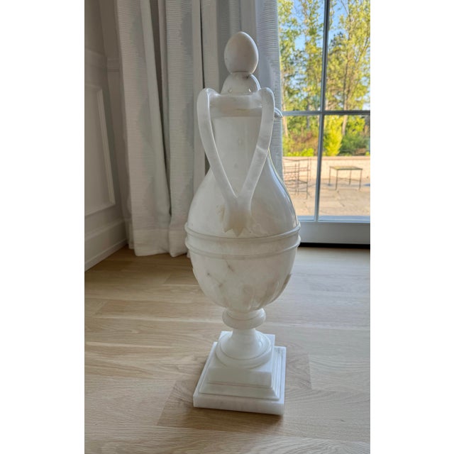 Early 20th Century Monumental Hand-Carved Italian Neoclassical Alabaster Lidded Vessel, 29.5”, 2nd Quarter 20th Century For Sale - Image 5 of 12