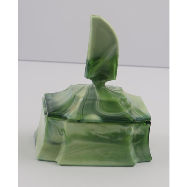 Glass Art Deco Green Slag Glass Vanity Set – 7 Piece Dresser Set With Tray, Candlesticks & Ring Holder For Sale - Image 7 of 16