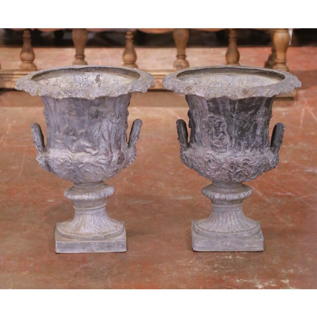 French Pair of Mid-Century French Weathered Cast Lead Garden Urn Planters For Sale - Image 3 of 11