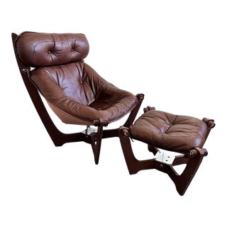 Danish Leather High Back Sling "Luna" Lounge Chair and Ottoman by Odd Knutsen For Sale