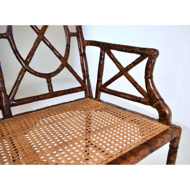 Tortoise Faux Bamboo Caned Settee With Leather Cushion For Sale - Image 13 of 15