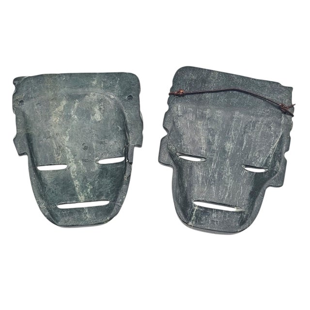 Pair of Green Stone Olmec-Style Mask Wall Plaques, Pre-Columbian Revival For Sale - Image 4 of 6