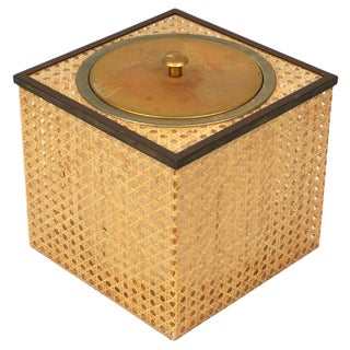 Cube Ice Bucket in Acrylic, Rattan and Brass in the style of Christian Dior, 1970s For Sale