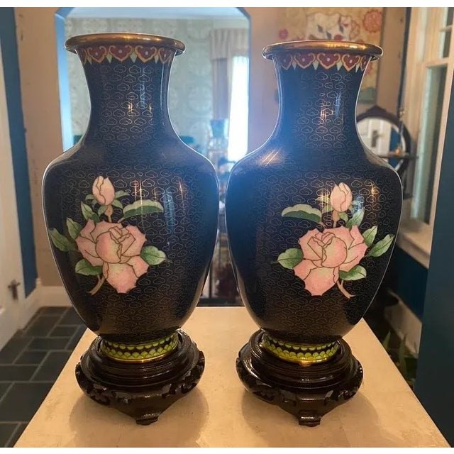 Pair of Late 20th Century Black Cloisonné Vases With Pink Roses For Sale - Image 4 of 12