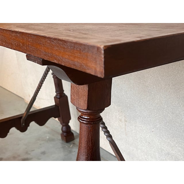19th Spanish Side Table With Cared Turned Legs and Iron Stretcher For Sale - Image 9 of 11