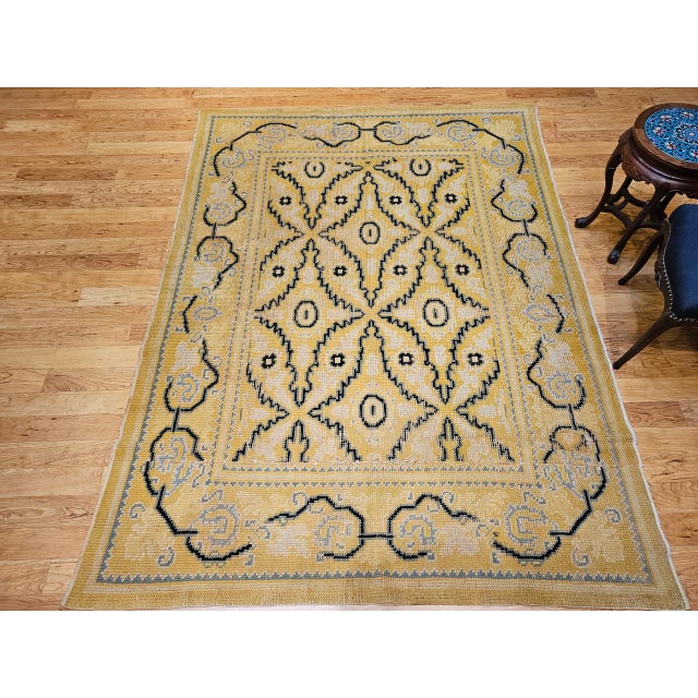Mid-Century Modern Vintage French Area Rug, Hand-Knotted Wool, Allover Geometric Design, Tan & Black, 6x9 For Sale - Image 3 of 17