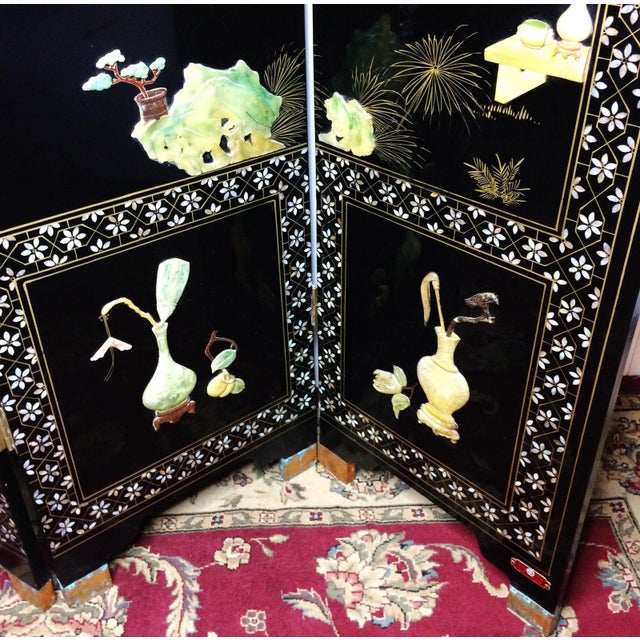 Vintage Chinese Carved Stone Jade Lacquer 4 Panel Dressing Screen Room