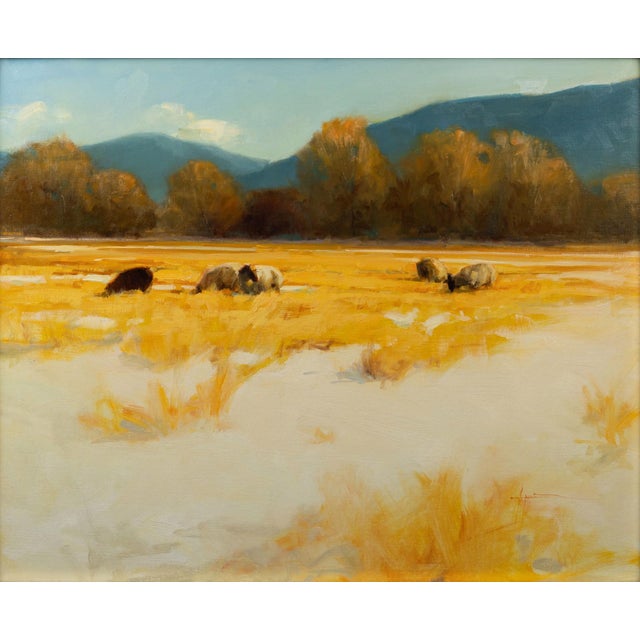 Winter Light by Lani Vlaanderen | Oil on panel of grazing animals in a snowy field For Sale
