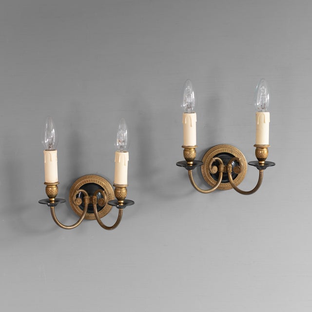 Pair of French Empire style wall sconces I original painted finish. Circa 1930. Up to 250V (Europe/UK Standard).The wiring...
