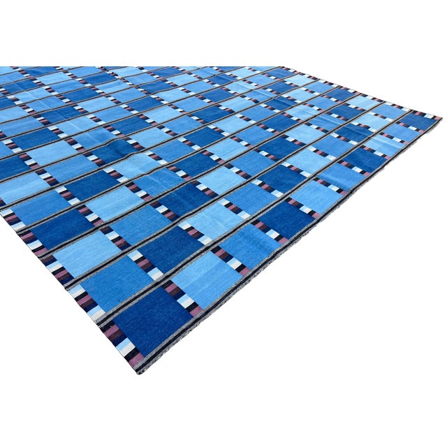 Handmade Cotton Vegetable Dyed Rug, Blue Cream, Pink and Brown Checked Dhurrie - 10'x14' For Sale - Image 6 of 12
