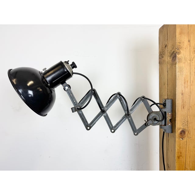 Industrial Black Enamel Scissor Wall Lamp, 1950s For Sale - Image 9 of 18