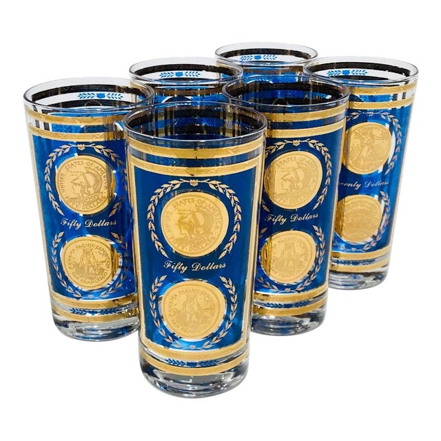 Vintage Culver Blue & 22k Gold Coin Highball Cocktail Glasses - Set of Six For Sale
