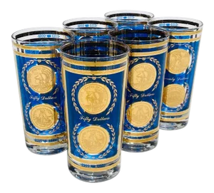 Vintage Culver Blue & 22k Gold Coin Highball Cocktail Glasses - Set of Six