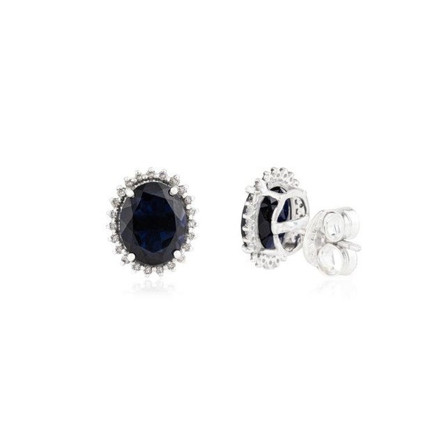 Art Deco 4 Carat Blue Iolite Gemstone Diamond Halo Stud Earrings in Silver- 2 Pieces For Sale - Image 3 of 12