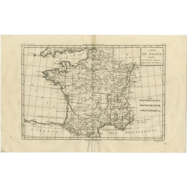 France at the Age of Enlightenment – Rigobert Bonne Antique Map, c.1780 This elegant 18th-century map presents France at...