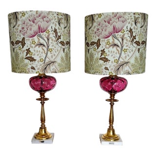 1950s Cranberry Glass and Brass Lamps With Morris Shade - a Pair For Sale