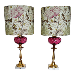 1950s Cranberry Glass and Brass Lamps With Morris Shade - a Pair