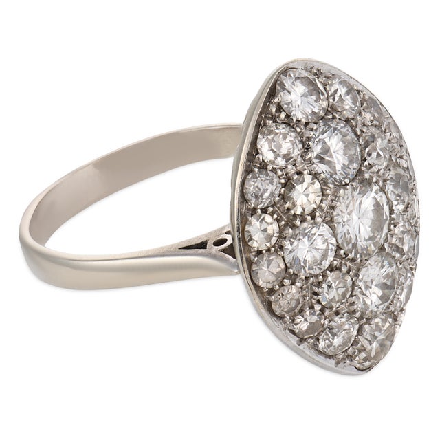 1930s Art Deco 3.50 Carat Diamond 18k White Gold Navette Ring, Size 9.25 For Sale - Image 4 of 6