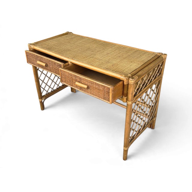 Brown 1970s Coastal Rattan Vanity and Writing Desk With Two Storage Drawers For Sale - Image 8 of 11