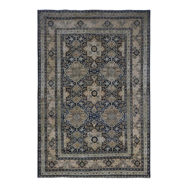 1890 Midnight Blue Antique Persian Tabriz Even Wear Clean Soft Wool Hand Knotted Rug For Sale