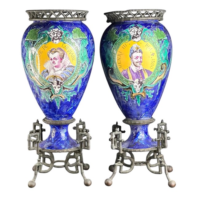 French Vases on Patinated Bronze Bamboo Mounts with Portraits of Henri III from A. Giroux Paris, 1880-1895, Set of 2 For Sale