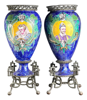 French Vases on Patinated Bronze Bamboo Mounts with Portraits of Henri III from A. Giroux Paris, 1880-1895, Set of 2