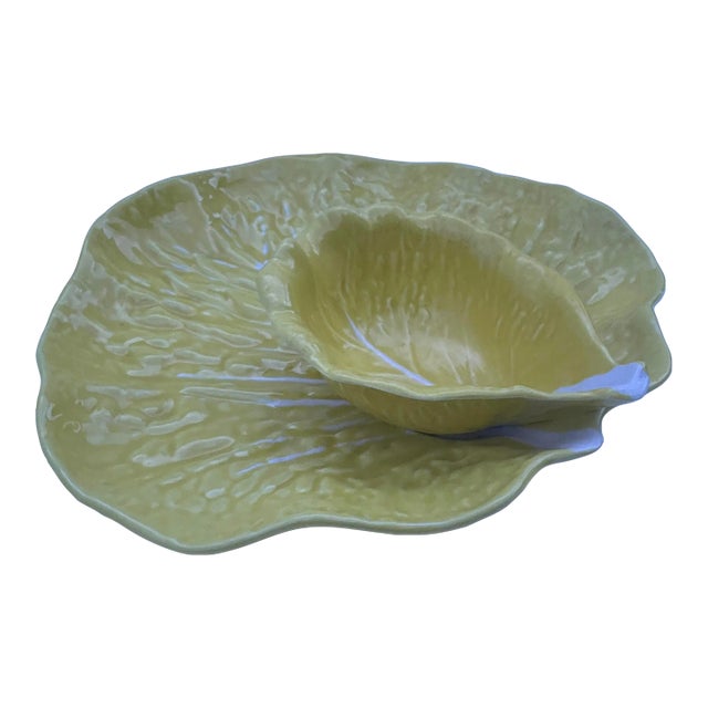 Vintage Yellow Cabbage Majolica Chip and Dip Platter- 2 Pieces For Sale