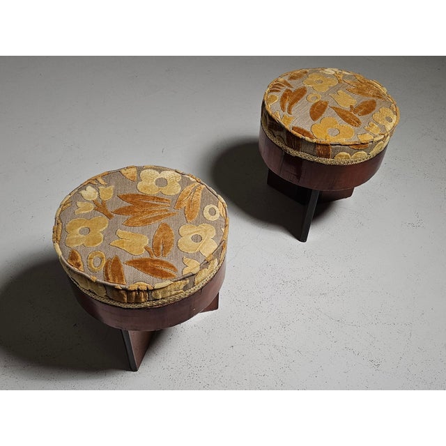 Set of Art Deco Walnut and Floral-Printed Fabric Stools, Italy, 1930s For Sale - Image 6 of 12