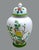 Striking Andrea by Sadek porcelain lidded jar featuring vibrant hand-painted emerald green and florals in yellow, pink,...