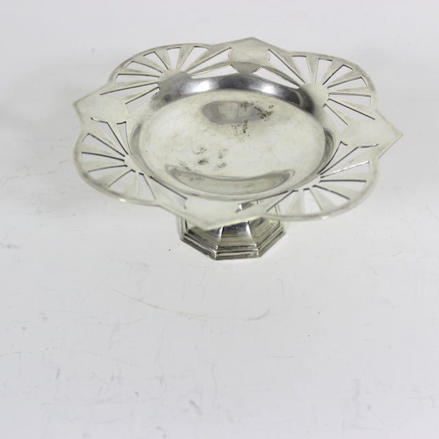 Width: 6 inches Height: 2.75 inches Vintage art deco style silver plated pedestal dish with pierced and scalloped edges....