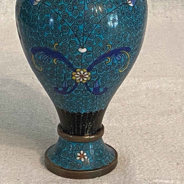 Metal Antique Intricate Scroll and Floral Design Chinese Cloisonné Turquoise Vase For Sale - Image 7 of 12