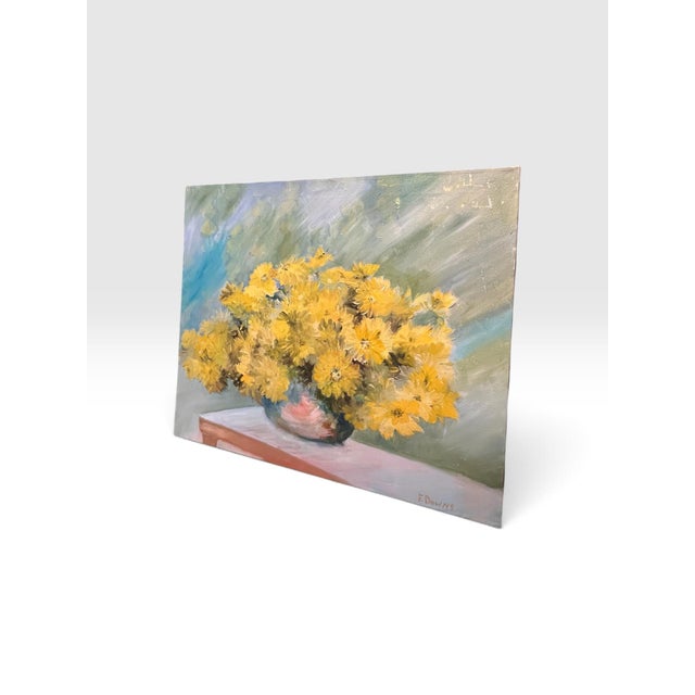 1980s Francis “Duke” Downs Palm Beach Yellow Chrysanthemum Floral Still Life Original Oil on Canvas, 30” For Sale In West Palm - Image 6 of 9
